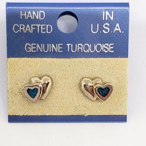 NOS Vintage Double Heart Genuine Turquoise and Silver Pierced Earrings